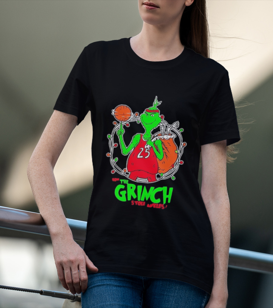 The Grinch Basketball Christmas Lights Jersey 25 Stole Ankles Green T-Shirt