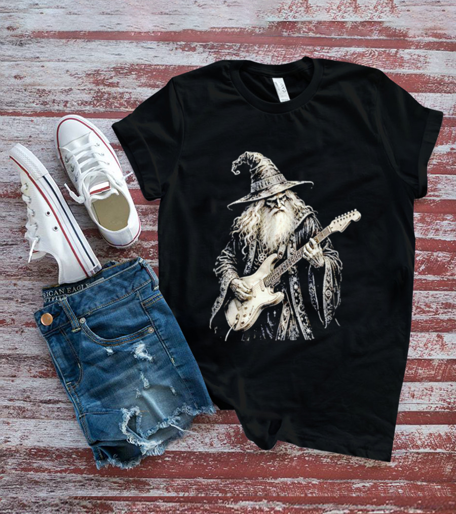 Wizard Playing Electric Guitar Fantasy Musician Magical Rock Legend T-Shirt