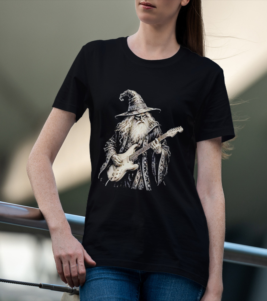 Wizard Playing Electric Guitar Fantasy Musician Magical Rock Legend T-Shirt