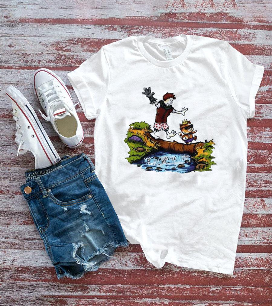 Boy And Crowned Cat Balancing On Log Over Stream T-Shirt