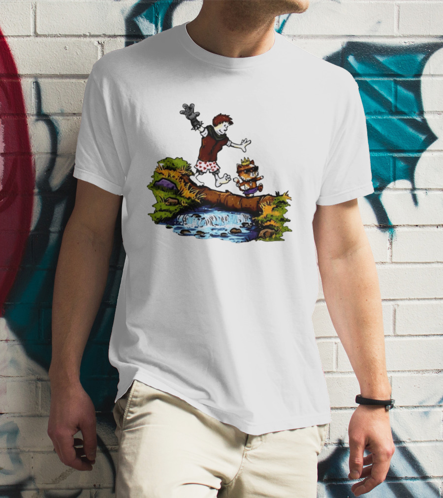 Boy And Crowned Cat Balancing On Log Over Stream T-Shirt