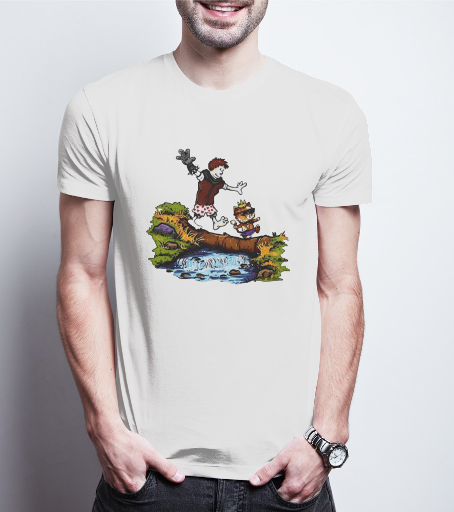 Boy And Crowned Cat Balancing On Log Over Stream T-Shirt