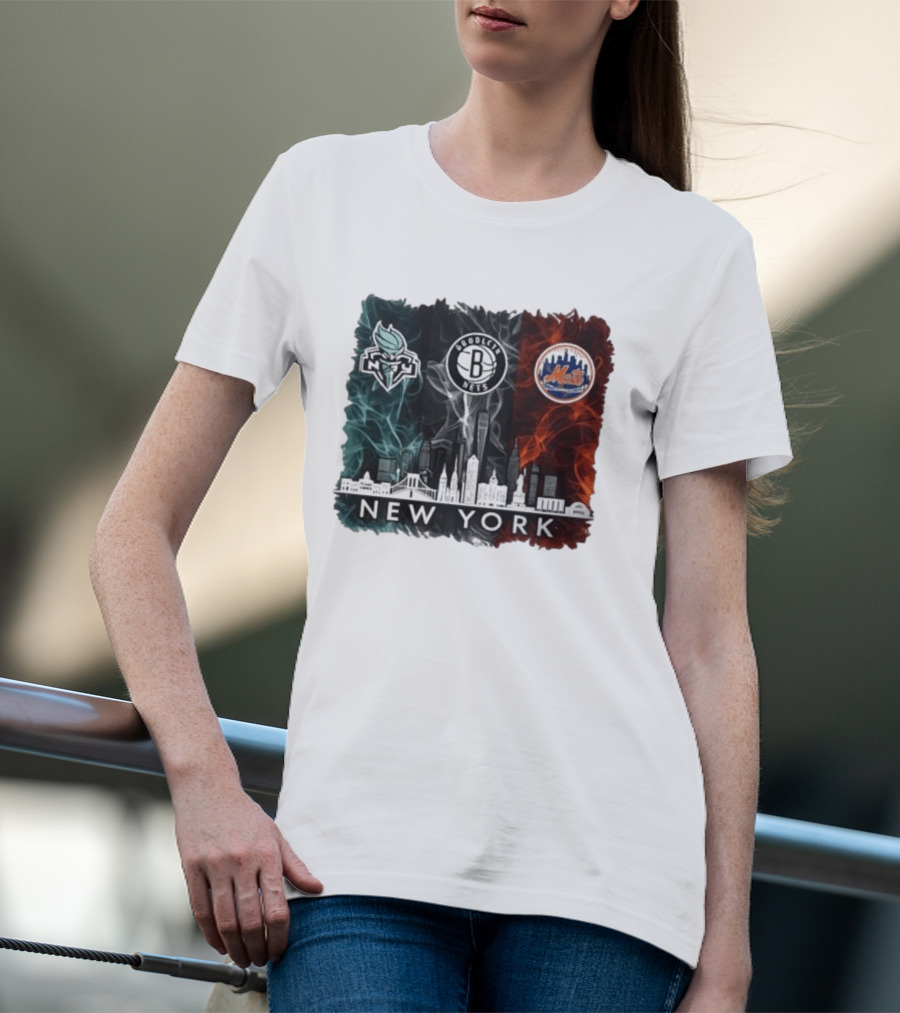 Brooklyn Nets New York Mets Liberty 2026 Celebration Skyline T-Shirt