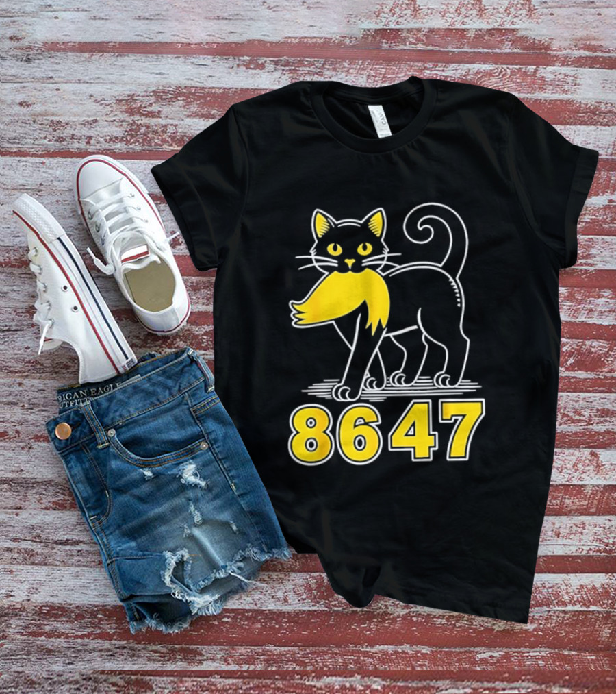 Black Cat 8647 Feline With Yellow Mustache T-Shirt