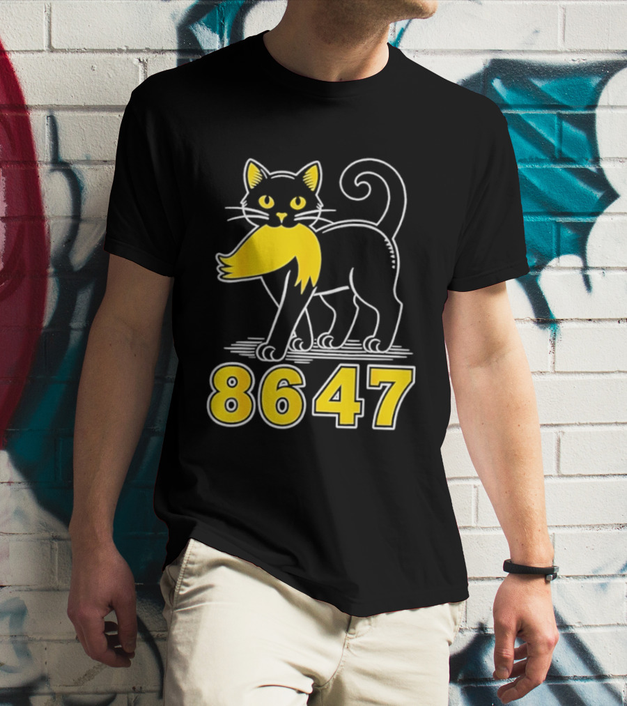 Black Cat 8647 Feline With Yellow Mustache T-Shirt