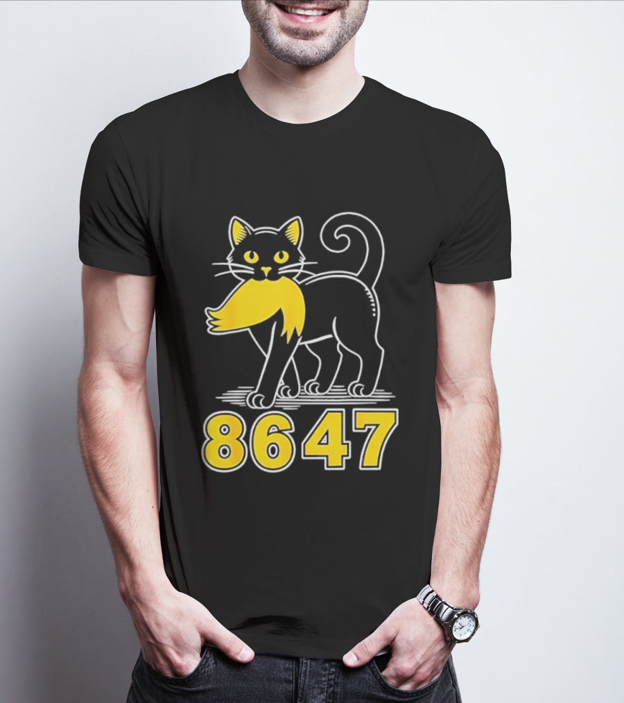 Black Cat 8647 Feline With Yellow Mustache T-Shirt