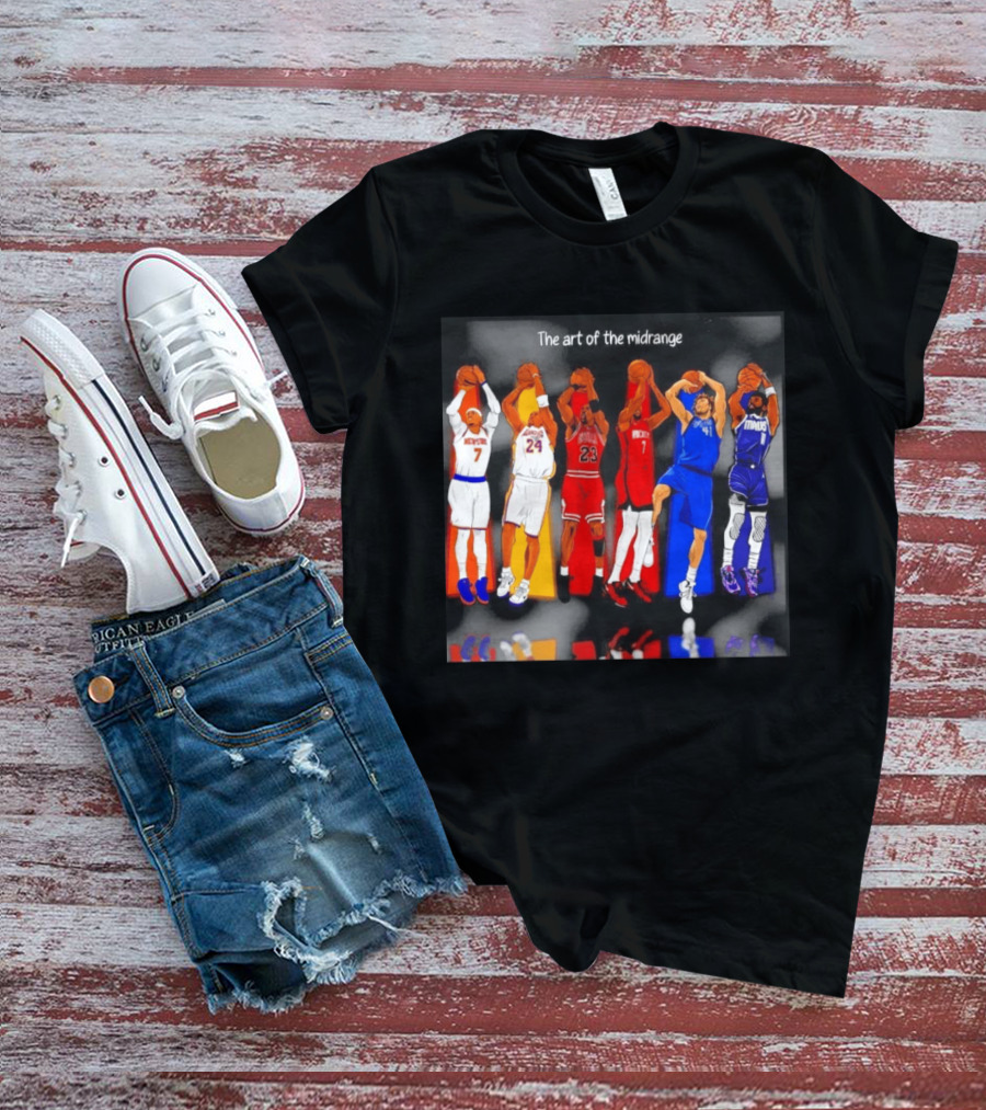 The Art Of The Midrange Basketball Legends Collage Knicks Lakers Bulls Rockets Mavericks T-Shirt