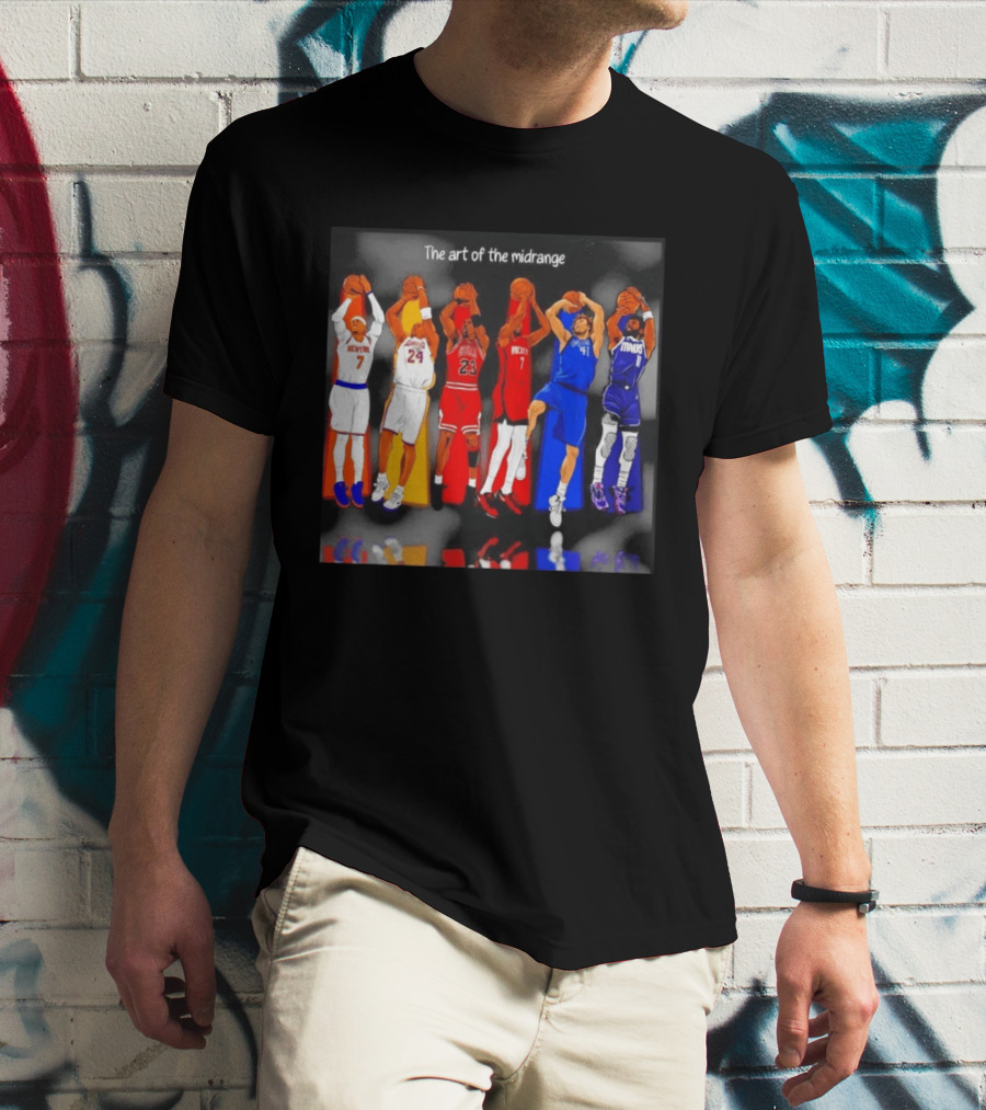 The Art Of The Midrange Basketball Legends Collage Knicks Lakers Bulls Rockets Mavericks T-Shirt