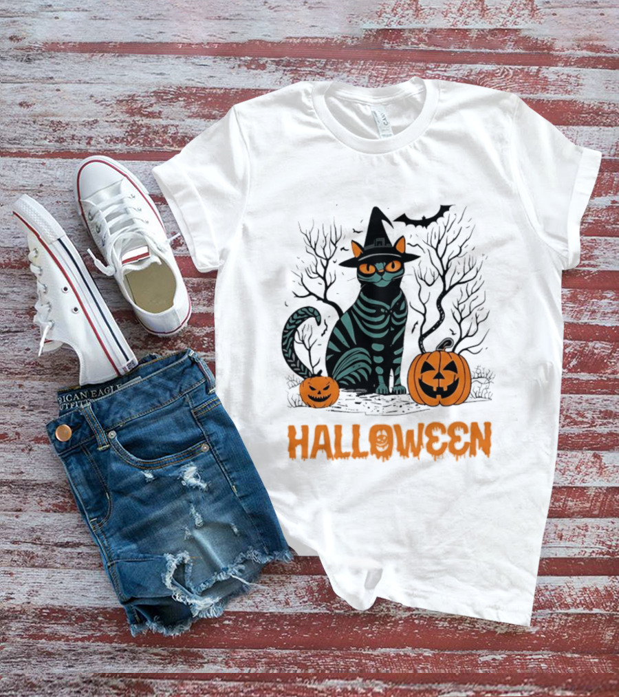 Halloween Skeleton Cat Witch Hat Pumpkins Spooky Forest Scene T-Shirt