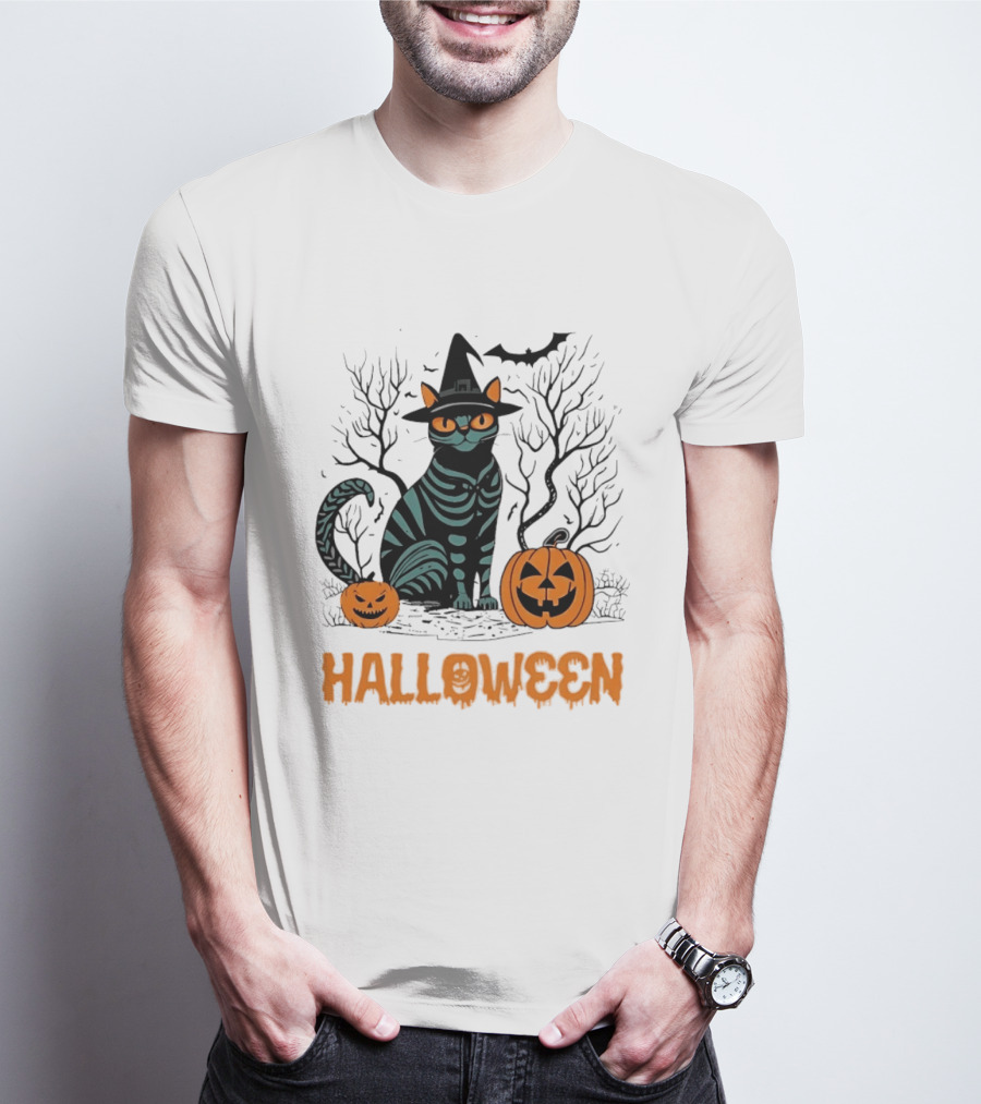 Halloween Skeleton Cat Witch Hat Pumpkins Spooky Forest Scene T-Shirt