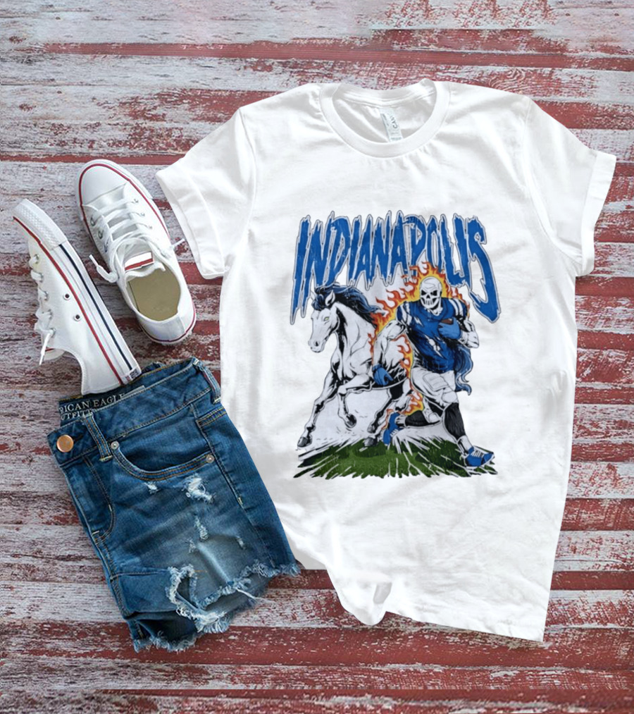 Indianapolis Football Skull And Horse Sports Flame Player Running T-Shirt