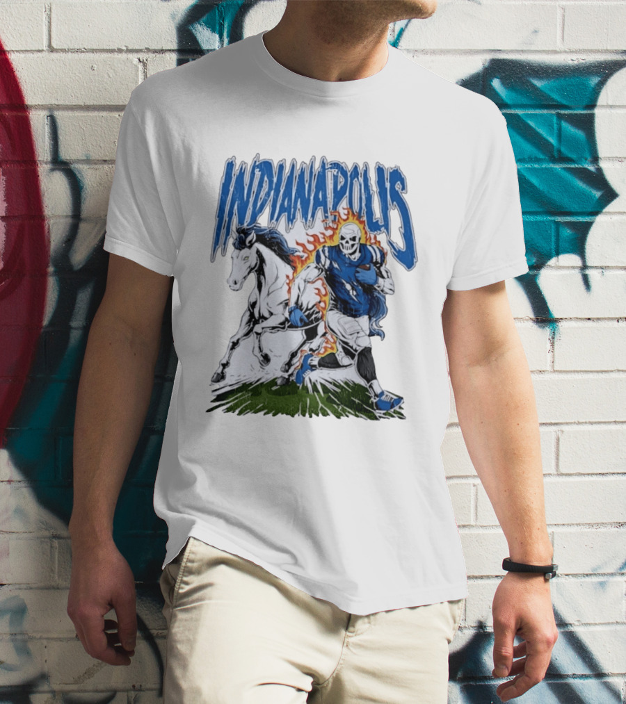 Indianapolis Football Skull And Horse Sports Flame Player Running T-Shirt
