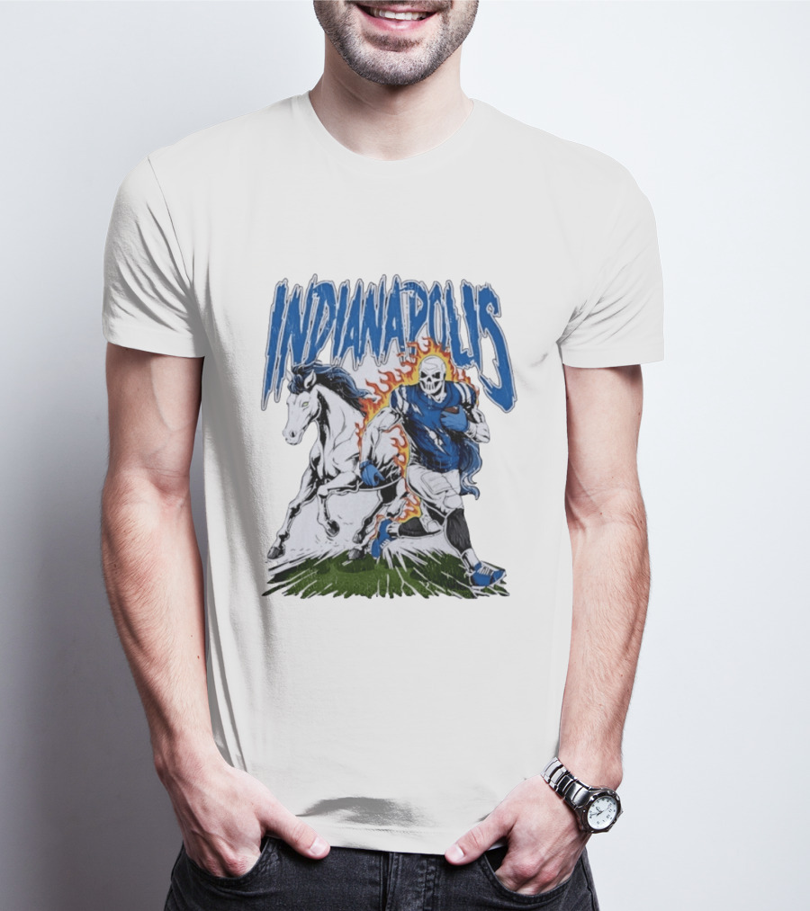 Indianapolis Football Skull And Horse Sports Flame Player Running T-Shirt