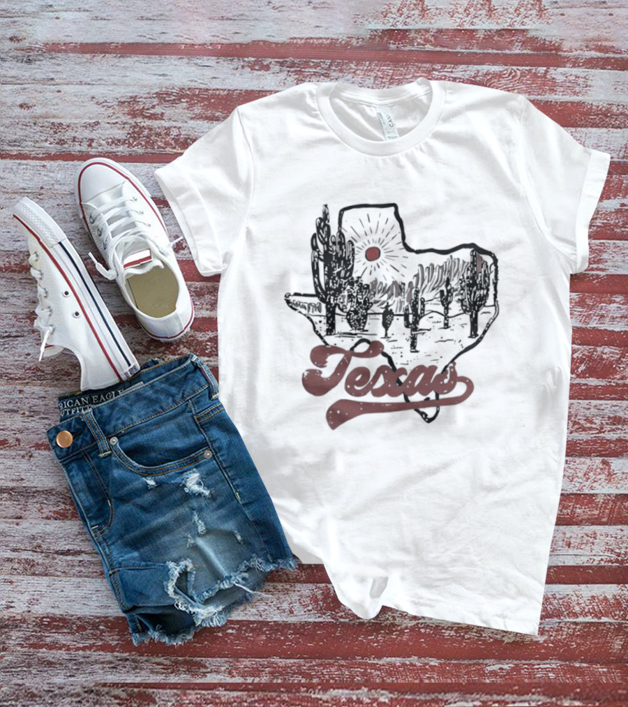 Texas Cacti Sun Rays Desert Scene Map T-Shirt