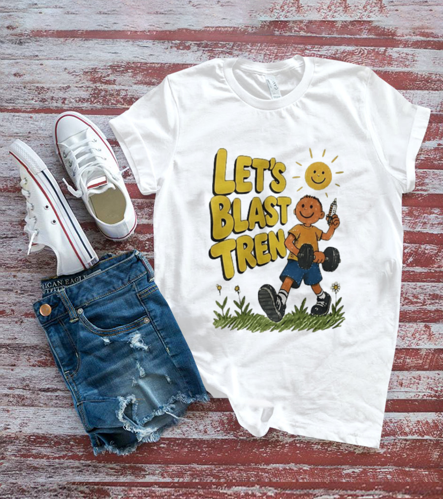 Let's Blast Tren Bodybuilding Fitness Workout Cartoon Dumbbell Sun T-Shirt
