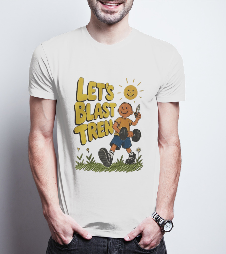Let's Blast Tren Bodybuilding Fitness Workout Cartoon Dumbbell Sun T-Shirt