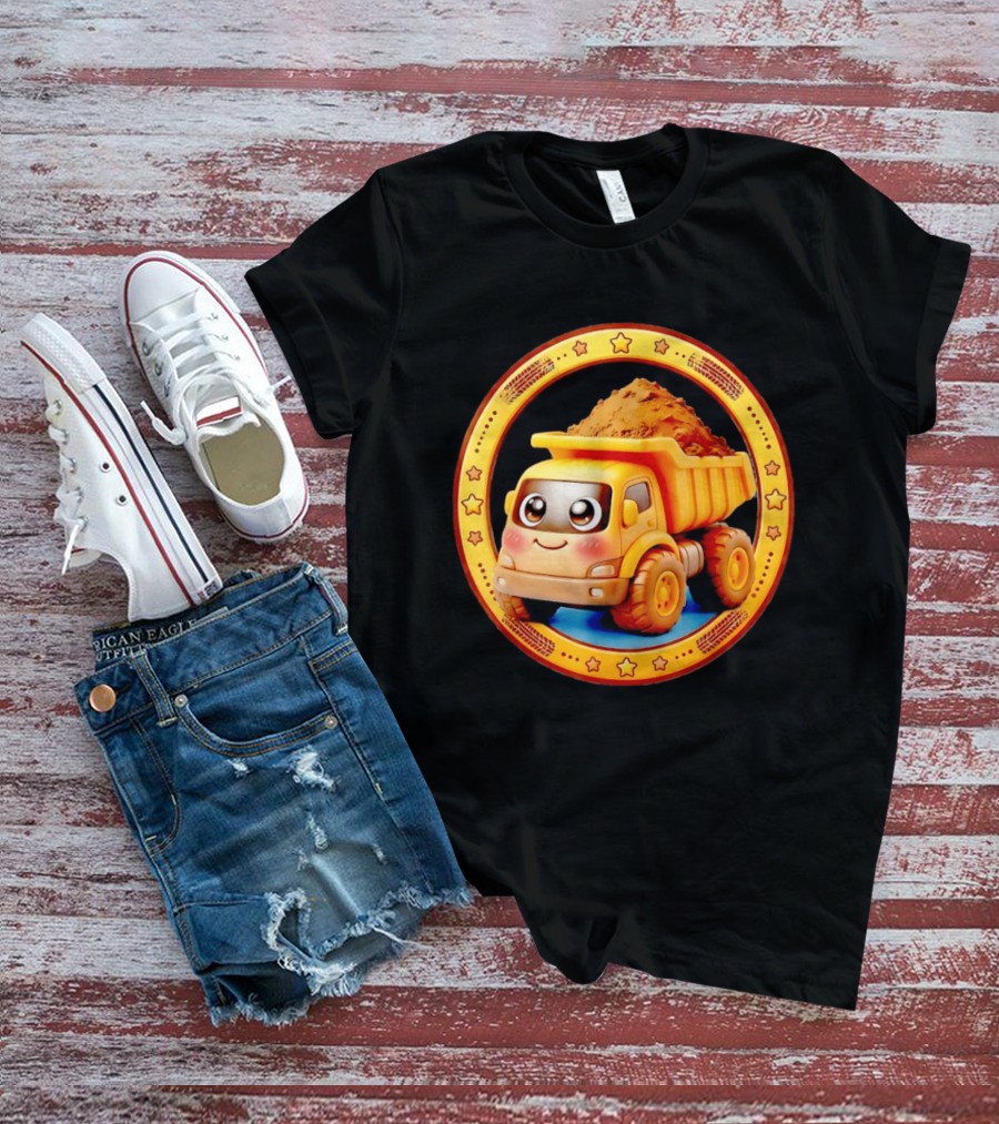 Yellow Dump Truck With Dirt Cute Construction Vehicle With Stars T-Shirt