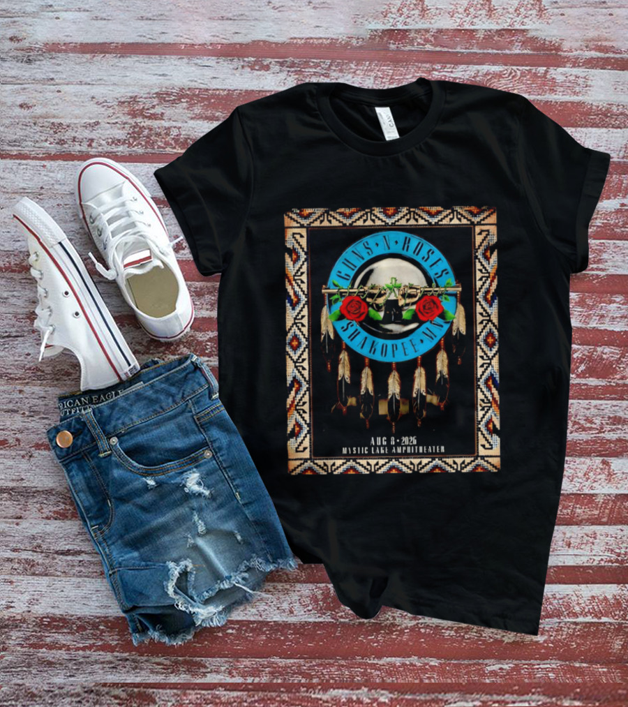 Guns N' Roses Shakopee MN August 8 2026 Mystic Lake Amphitheater Beaded Border Feathers Roses T-Shirt