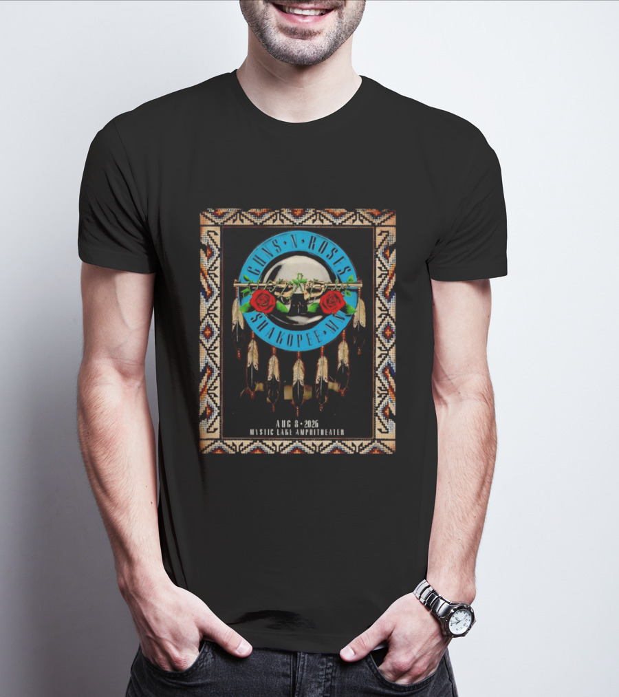 Guns N' Roses Shakopee MN August 8 2026 Mystic Lake Amphitheater Beaded Border Feathers Roses T-Shirt