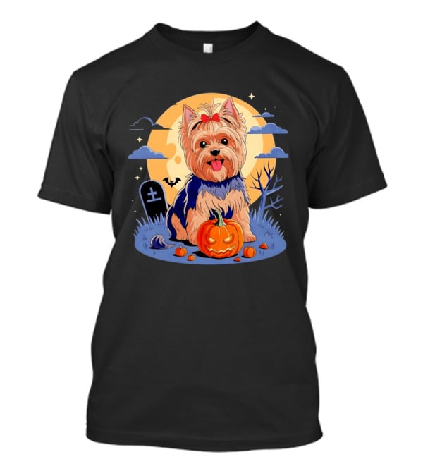 Yorkshire Terrier With Pumpkin On Spooky Halloween Night T-Shirt