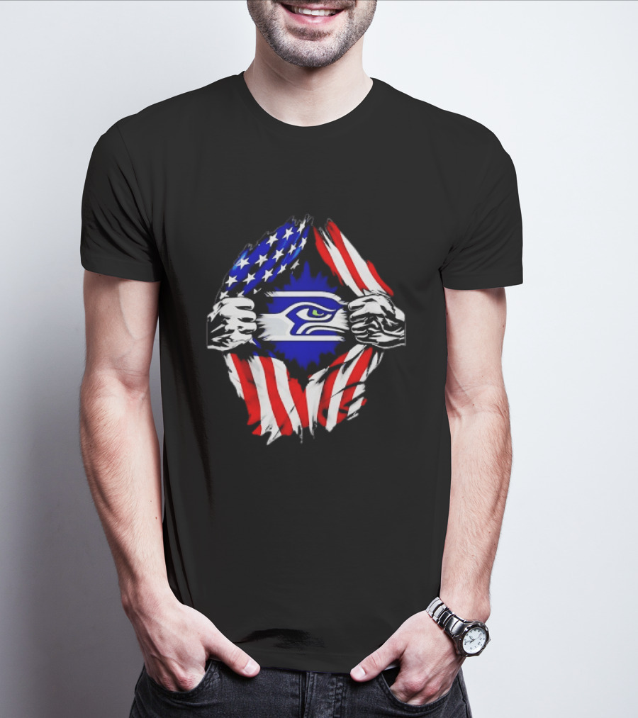 Seattle Seahawks American Flag Ripped Chest USA Fan Gear T-Shirt