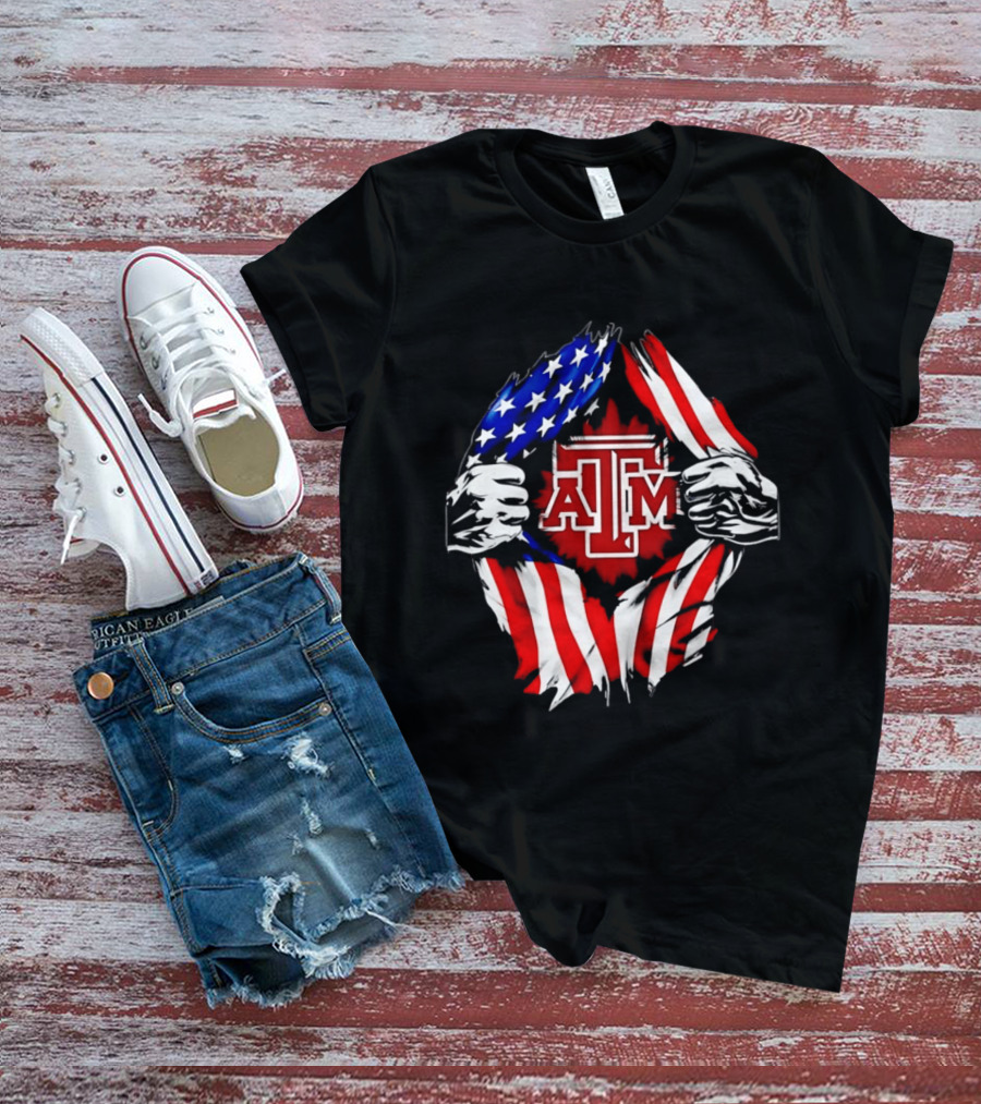 Texas A And M University Ripped Chest American Flag T-Shirt