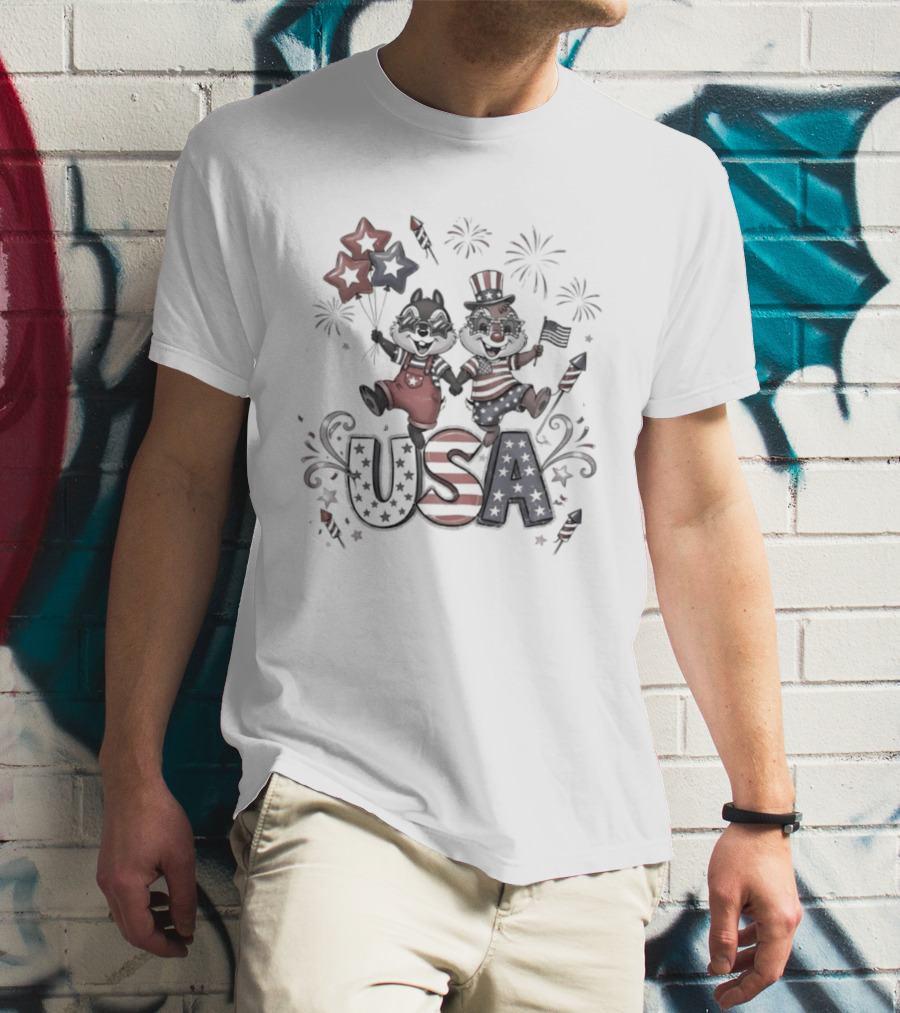 Chip And Dale USA Patriotic Fireworks Stars And Stripes Fourth Of July T-Shirt