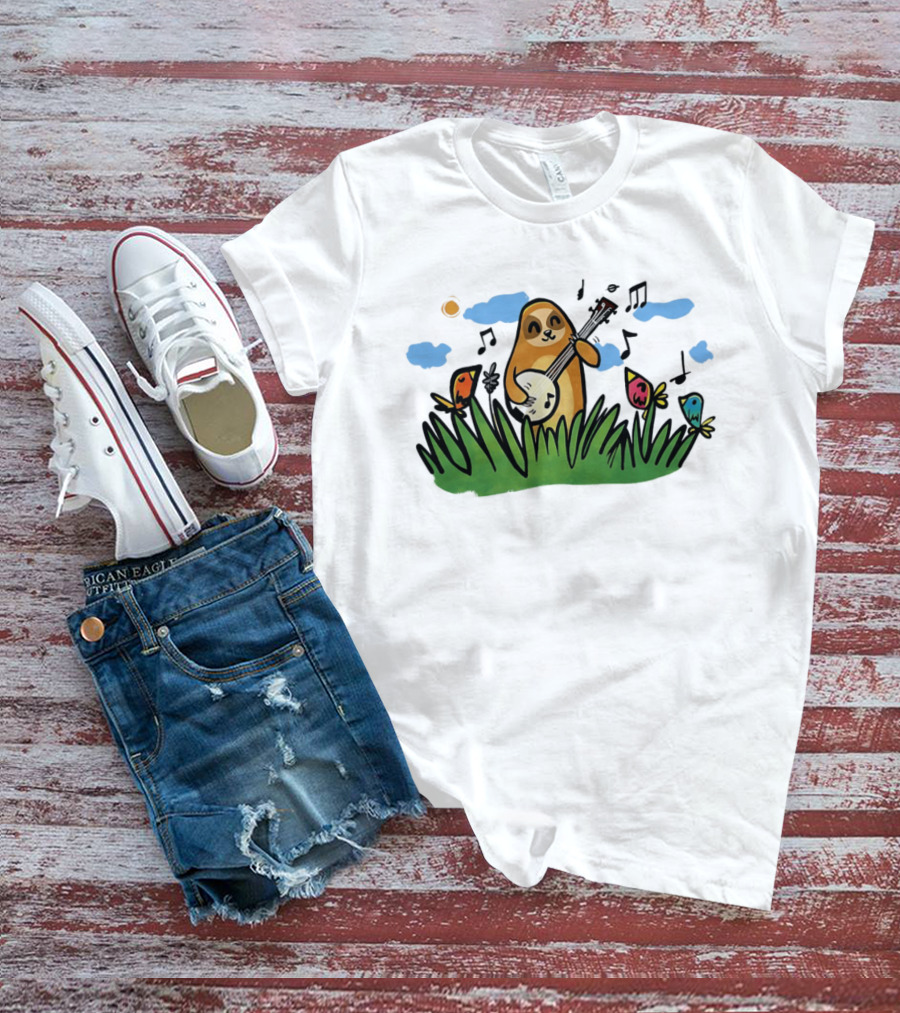 Sloth Happy Playing The Banjo With Singing Birds T-Shirt