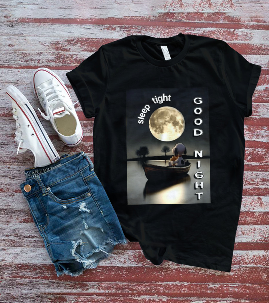Sleep Tight Good Night Snoopy And Woodstock Moonlight Boat Scene T-Shirt