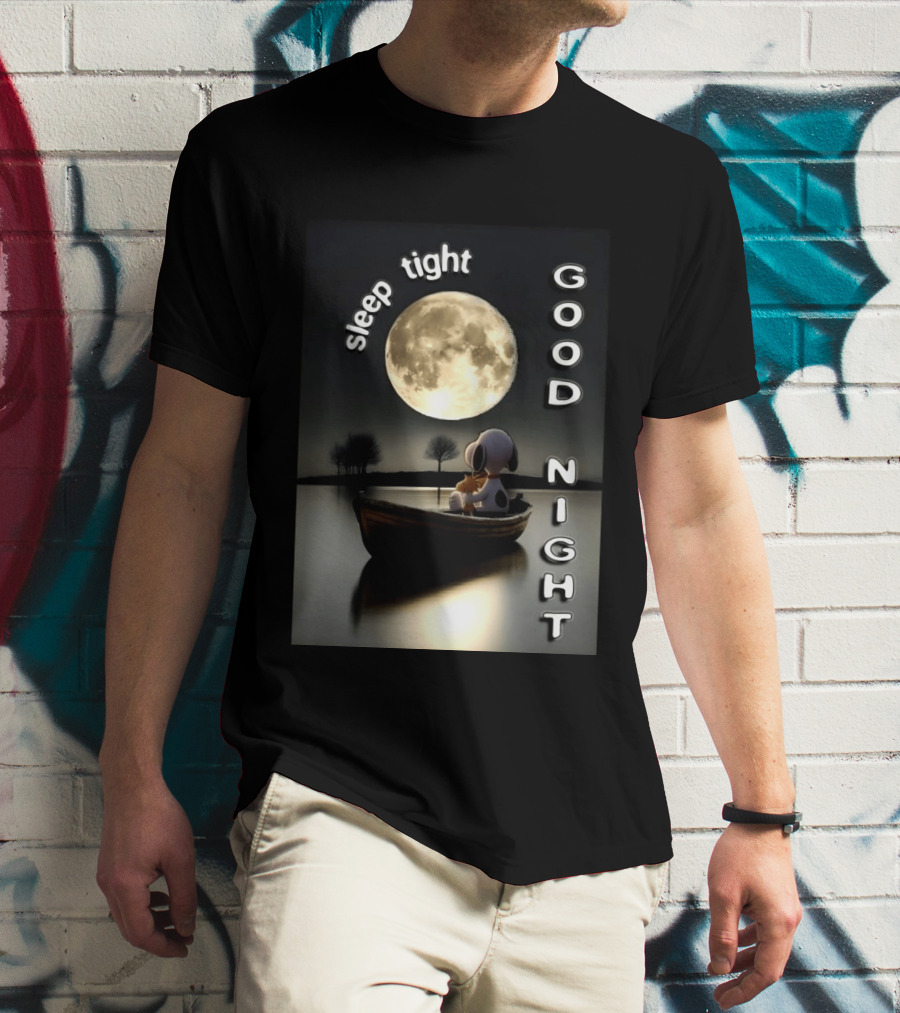 Sleep Tight Good Night Snoopy And Woodstock Moonlight Boat Scene T-Shirt
