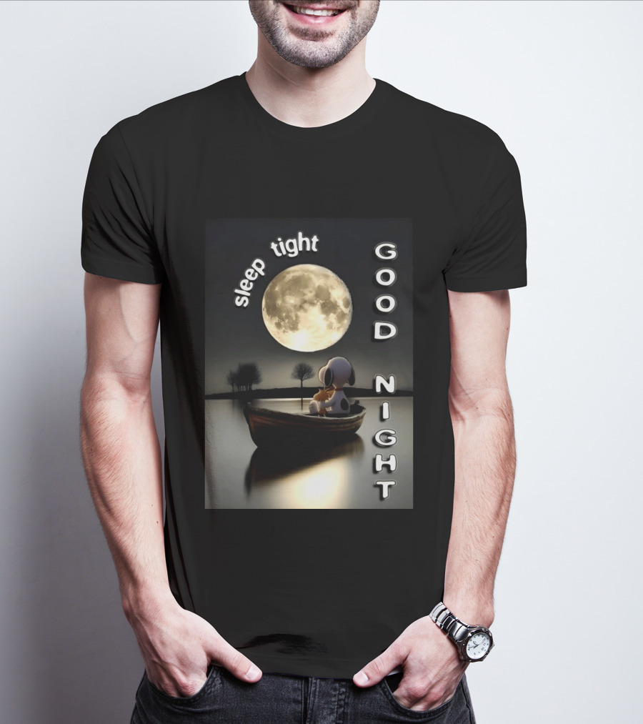 Sleep Tight Good Night Snoopy And Woodstock Moonlight Boat Scene T-Shirt