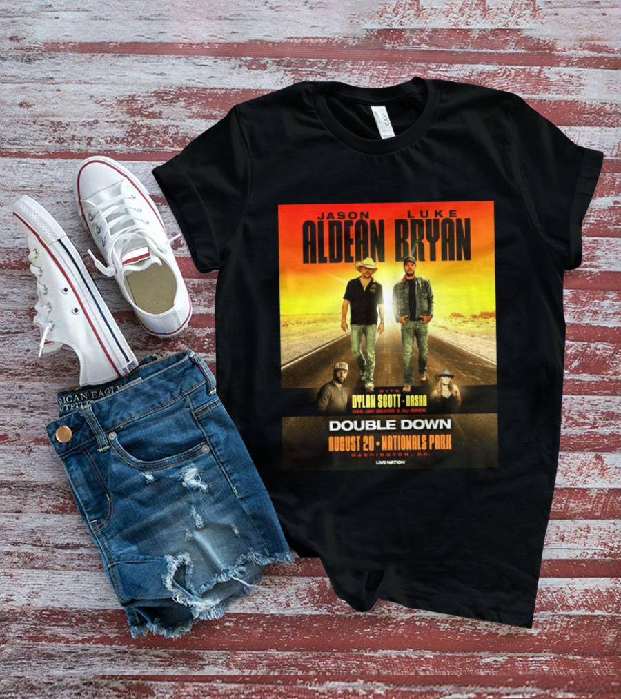 Jason Aldean Luke Bryan Double Down August 20 Nationals Park Washington D.C. With Dylan Scott Dasha Dee Jay Silver Dj Rock Live Nation T-Shirt