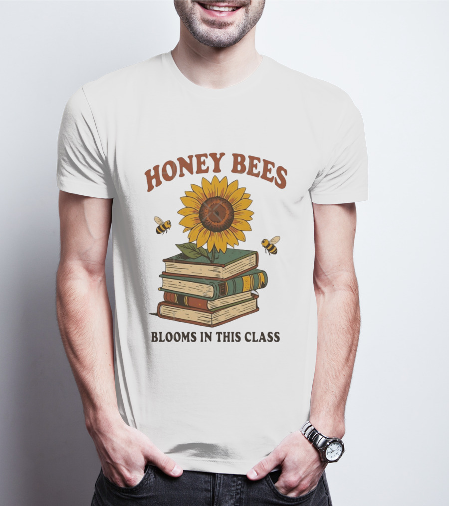 Honey Bees Blooms In This Class Sunflower And Books T-Shirt