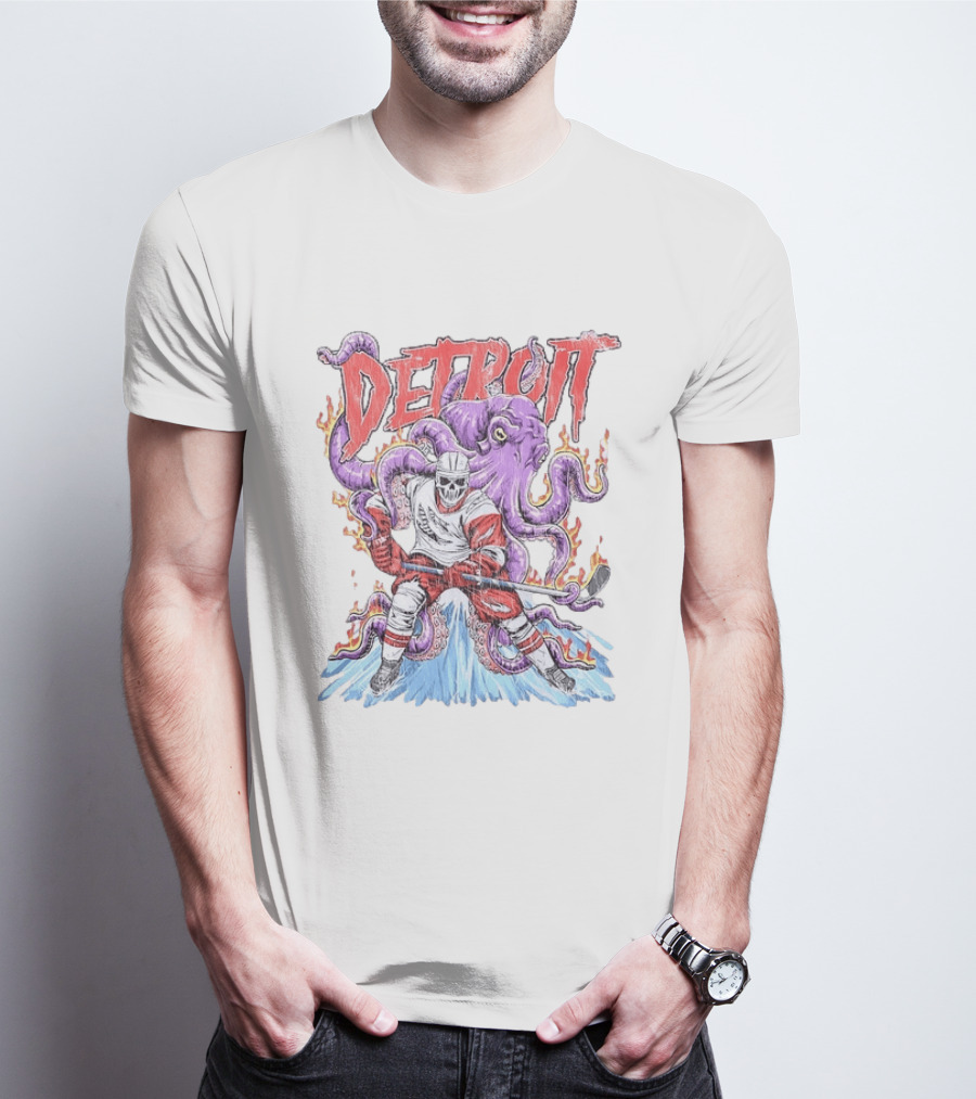 Detroit Red Wings Skeleton Hockey Octopus Distressed T-Shirt