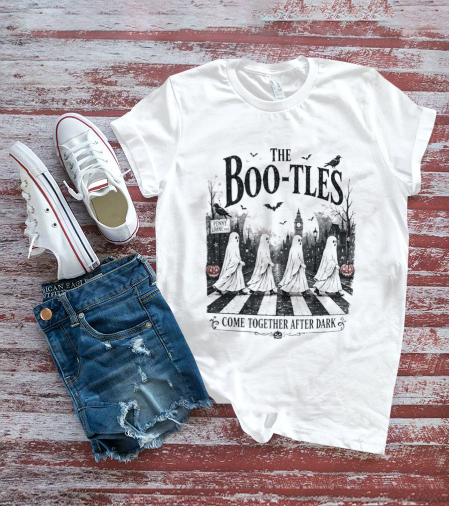 The Boo Tles Come Together After Dark Halloween Ghostly Abbey Road Bats Pumpkins T-Shirt