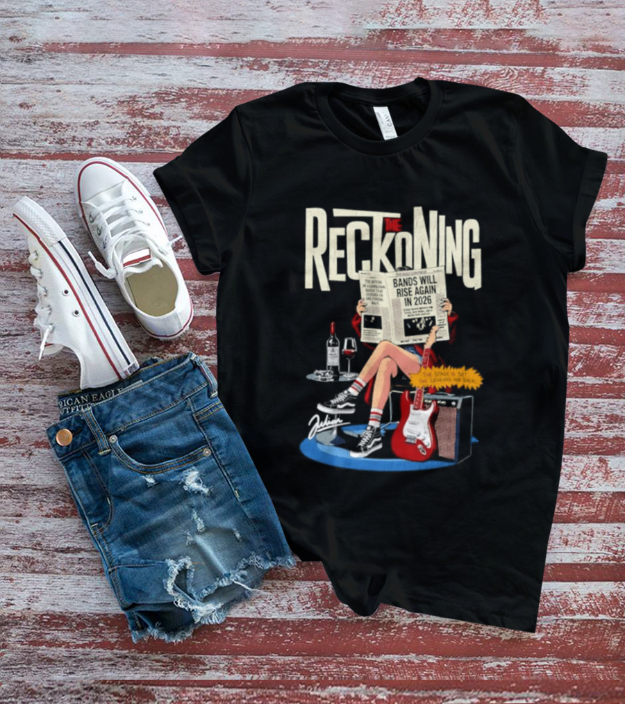 The Reckoning Bands Will Rise Again 2026 Woman Reading Newspaper Red Electric Guitar Amp T-Shirt