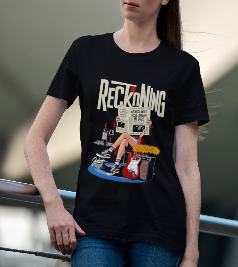 The Reckoning Bands Will Rise Again 2026 Woman Reading Newspaper Red Electric Guitar Amp T-Shirt