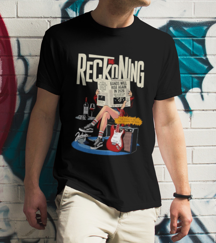 The Reckoning Bands Will Rise Again 2026 Woman Reading Newspaper Red Electric Guitar Amp T-Shirt
