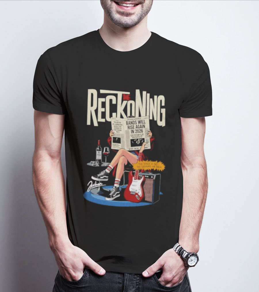 The Reckoning Bands Will Rise Again 2026 Woman Reading Newspaper Red Electric Guitar Amp T-Shirt