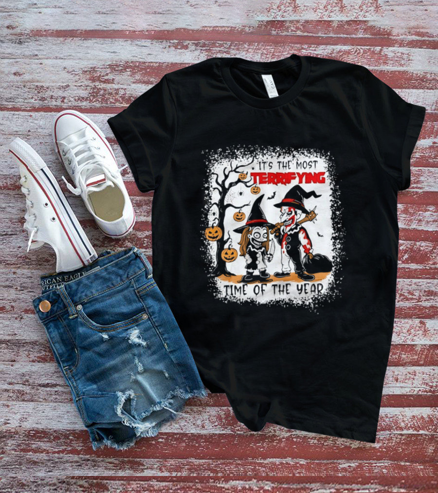 It's The Most Terrifying Time Of The Year Halloween Witch And Clown Axe Pumpkin T-Shirt