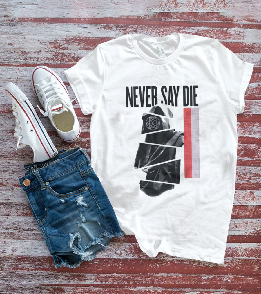 Never Say Die Hooded Occult Figure With Pentagram Halftone T-Shirt