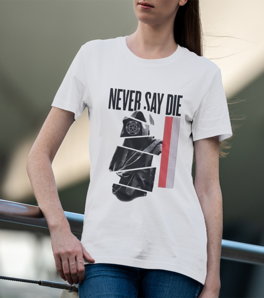 Never Say Die Hooded Occult Figure With Pentagram Halftone T-Shirt
