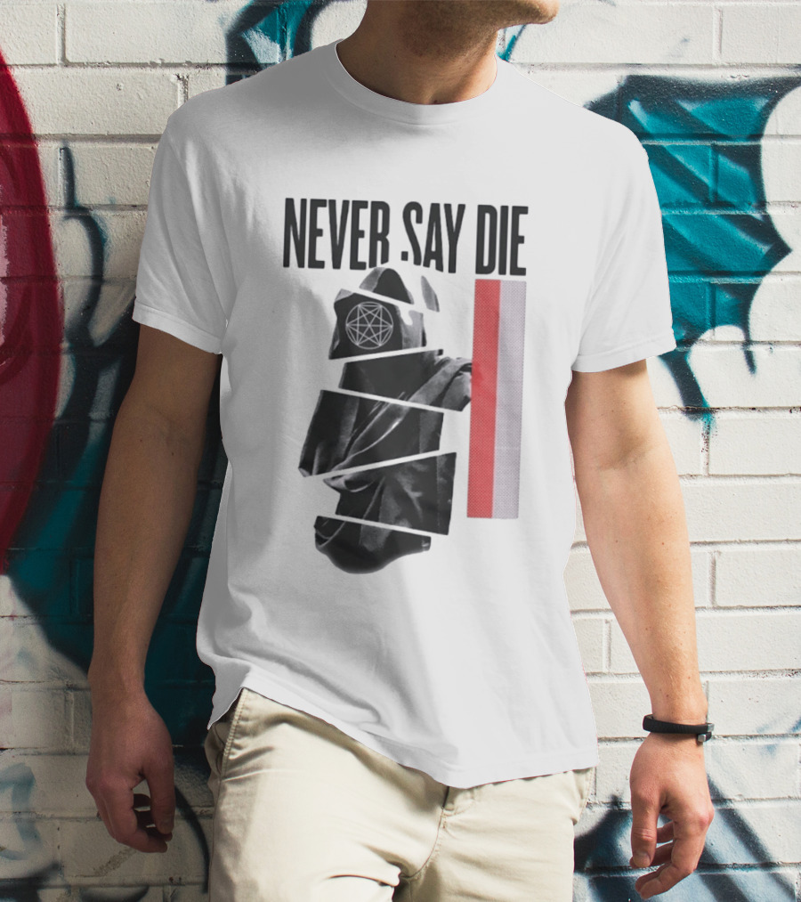 Never Say Die Hooded Occult Figure With Pentagram Halftone T-Shirt
