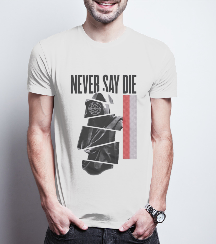 Never Say Die Hooded Occult Figure With Pentagram Halftone T-Shirt