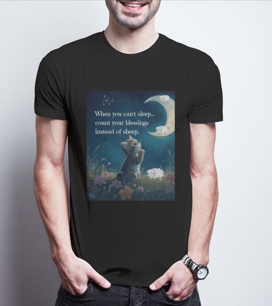 Cat When You Can't Sleep Count Your Blessings Instead Of Sheep Healing Vibes Moon Sheep Flowers T-Shirt