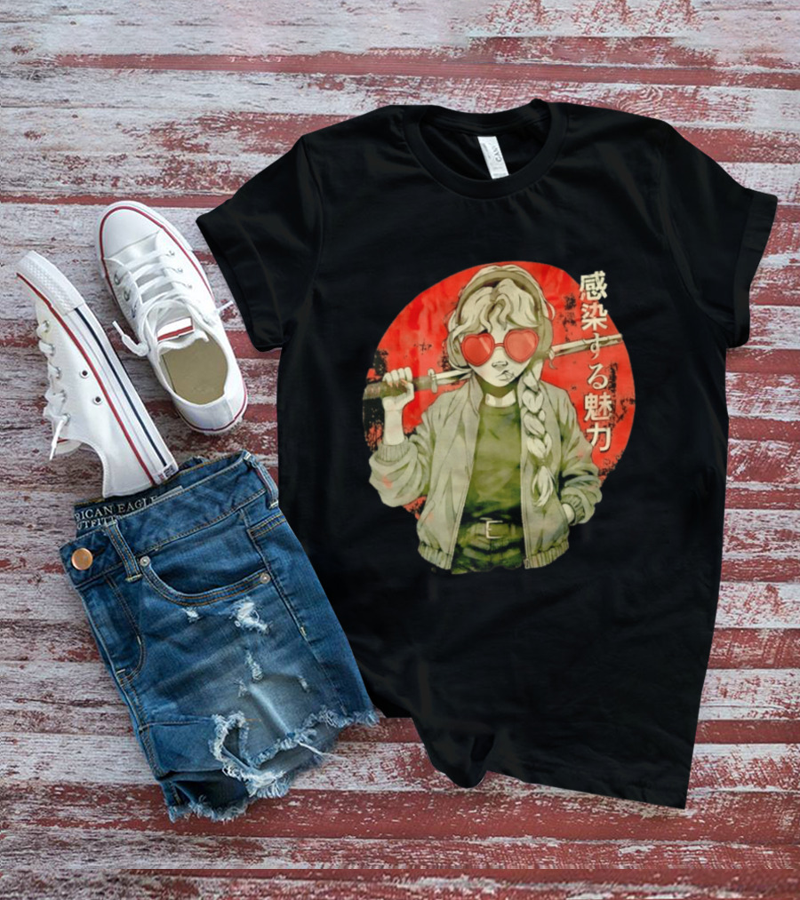 Anime Katana Girl Infectious Charm Heart Sunglasses Braided Hair T-Shirt