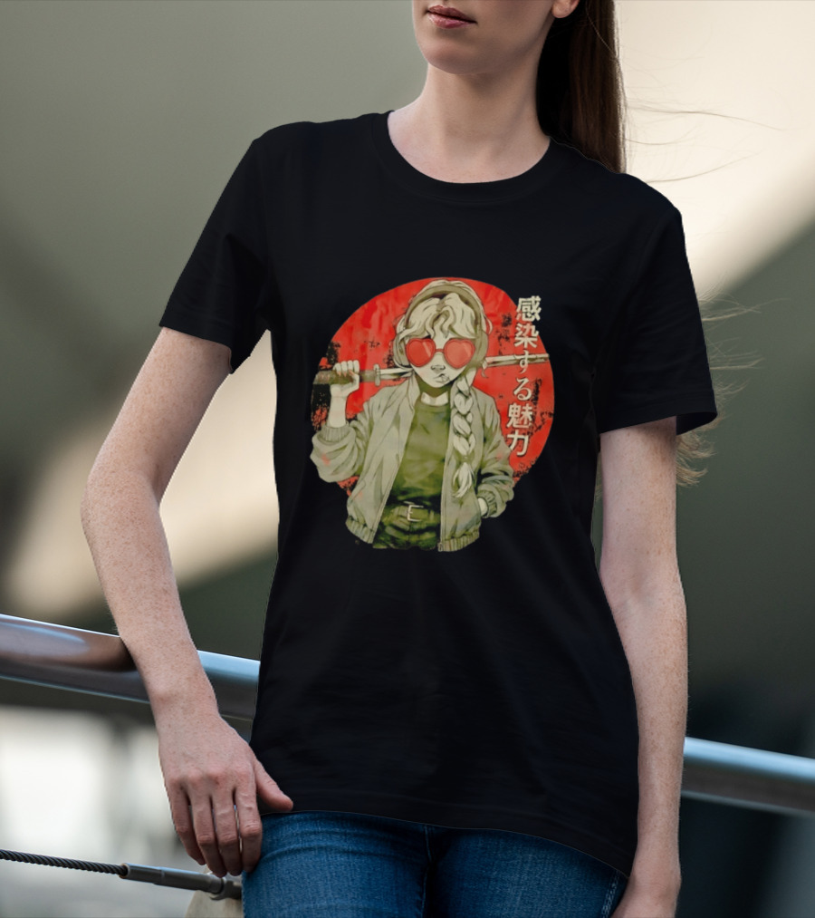 Anime Katana Girl Infectious Charm Heart Sunglasses Braided Hair T-Shirt