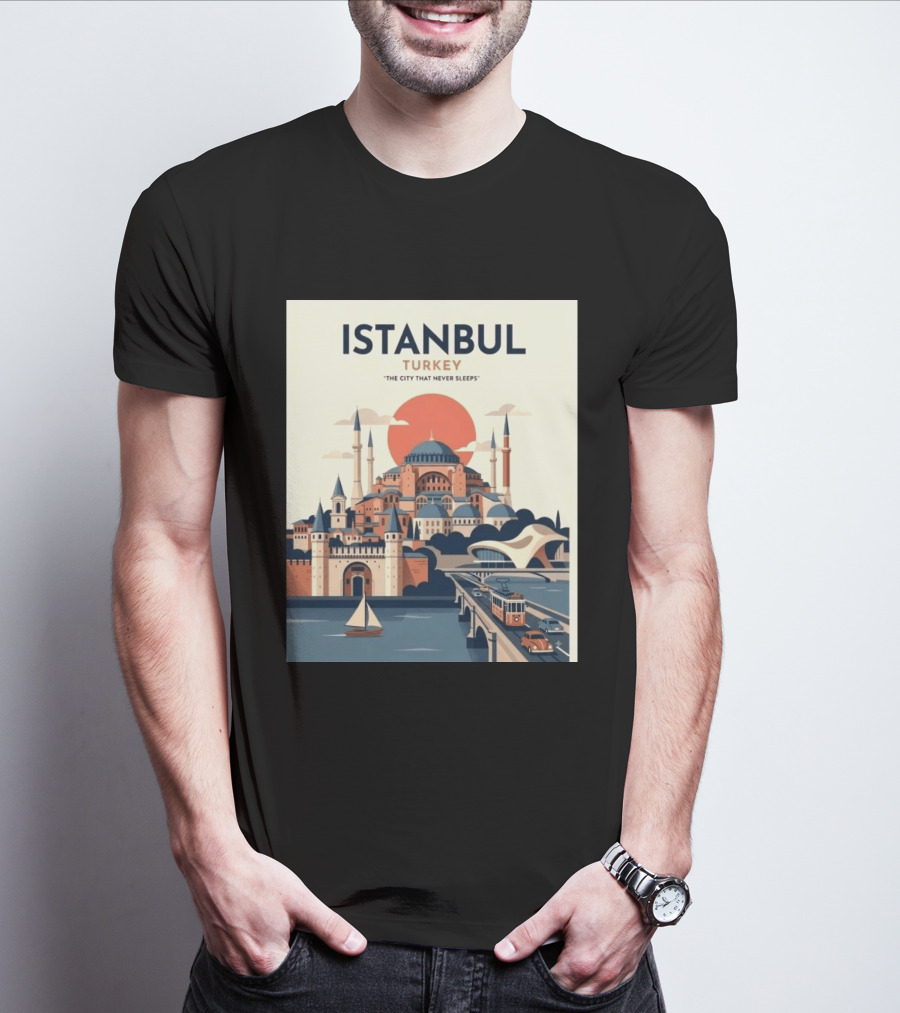 Istanbul Turkey The City That Never Sleeps Iconic Landmarks Urban Skyline Retro Style Scenic Tram And Sailboat T-Shirt