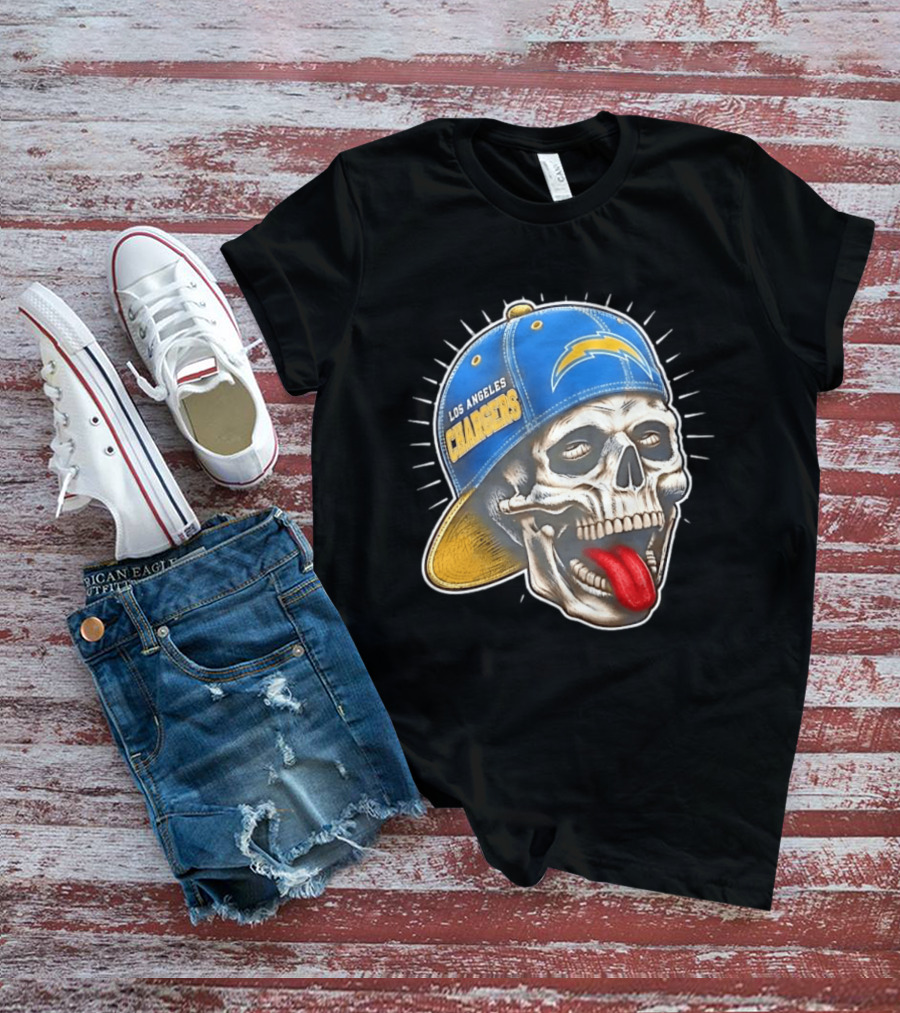 Los Angeles Chargers Skull Tongue Out Cap Football T-Shirt