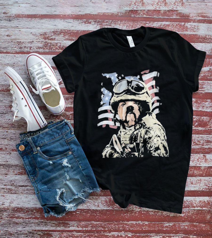 American Bulldog Soldier With United States Flag Goggles And Military Gear T-Shirt